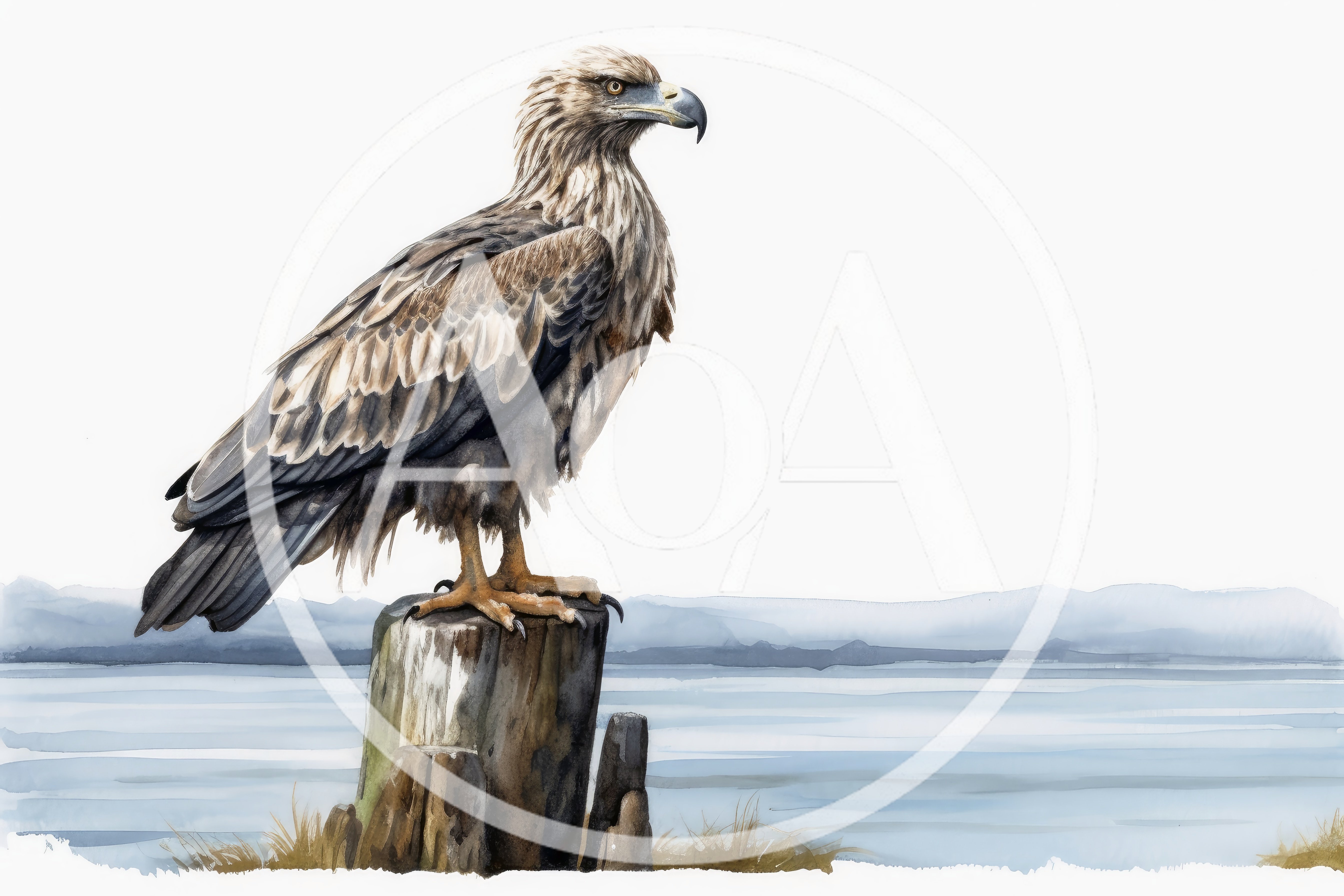 Watercolor Illustration Of A Majestic Eagle Perched On Post