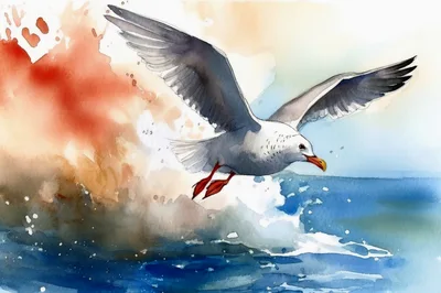 Watercolor Painting Of A Seagull Flying Over Ocean Waves