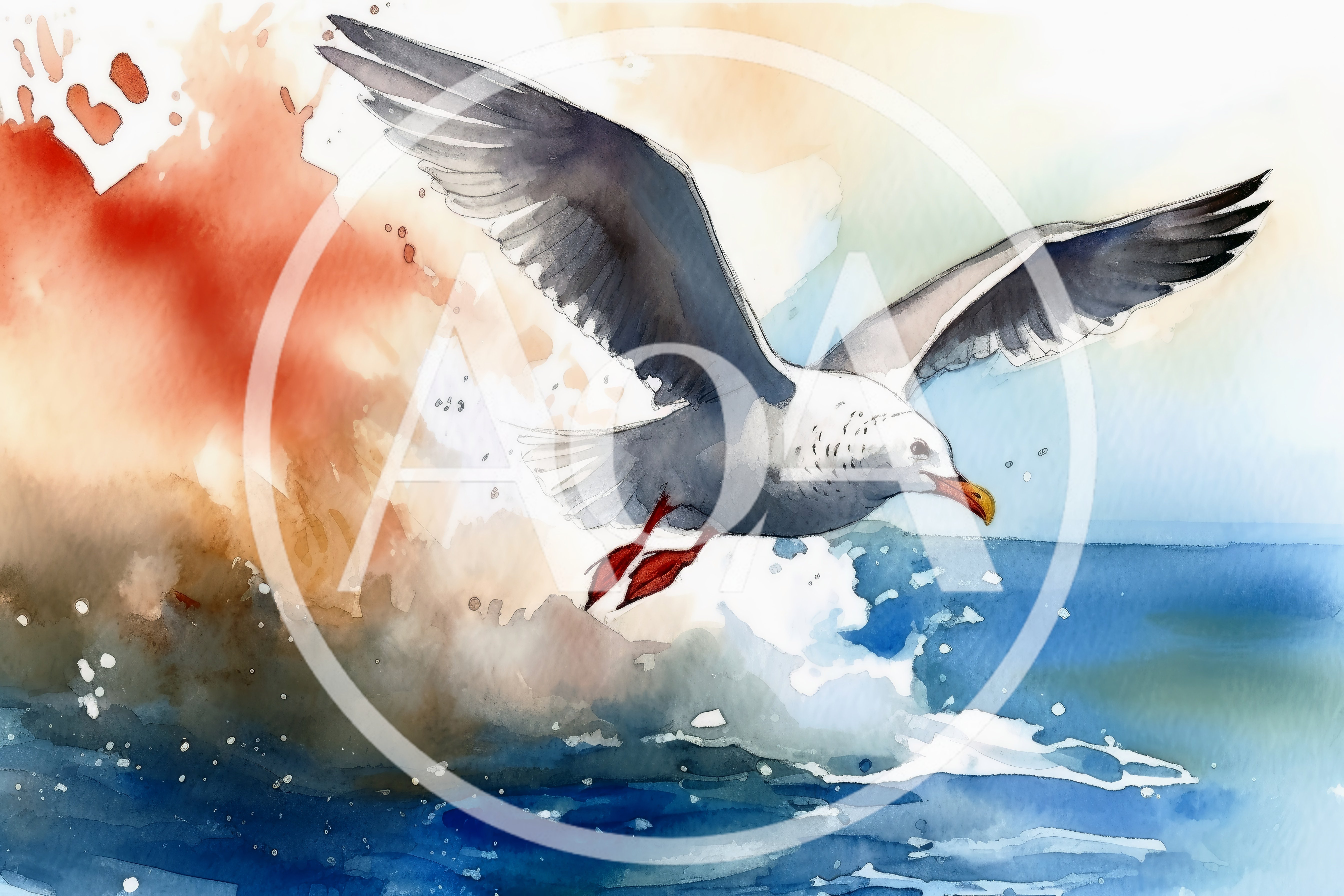 Watercolor Painting Of A Seagull Flying Over Ocean Waves