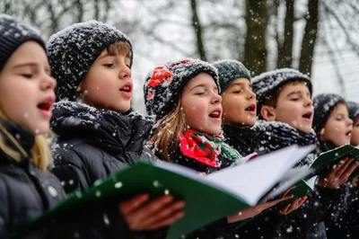 Children Singing Christmas Carols Outdoors In Snow