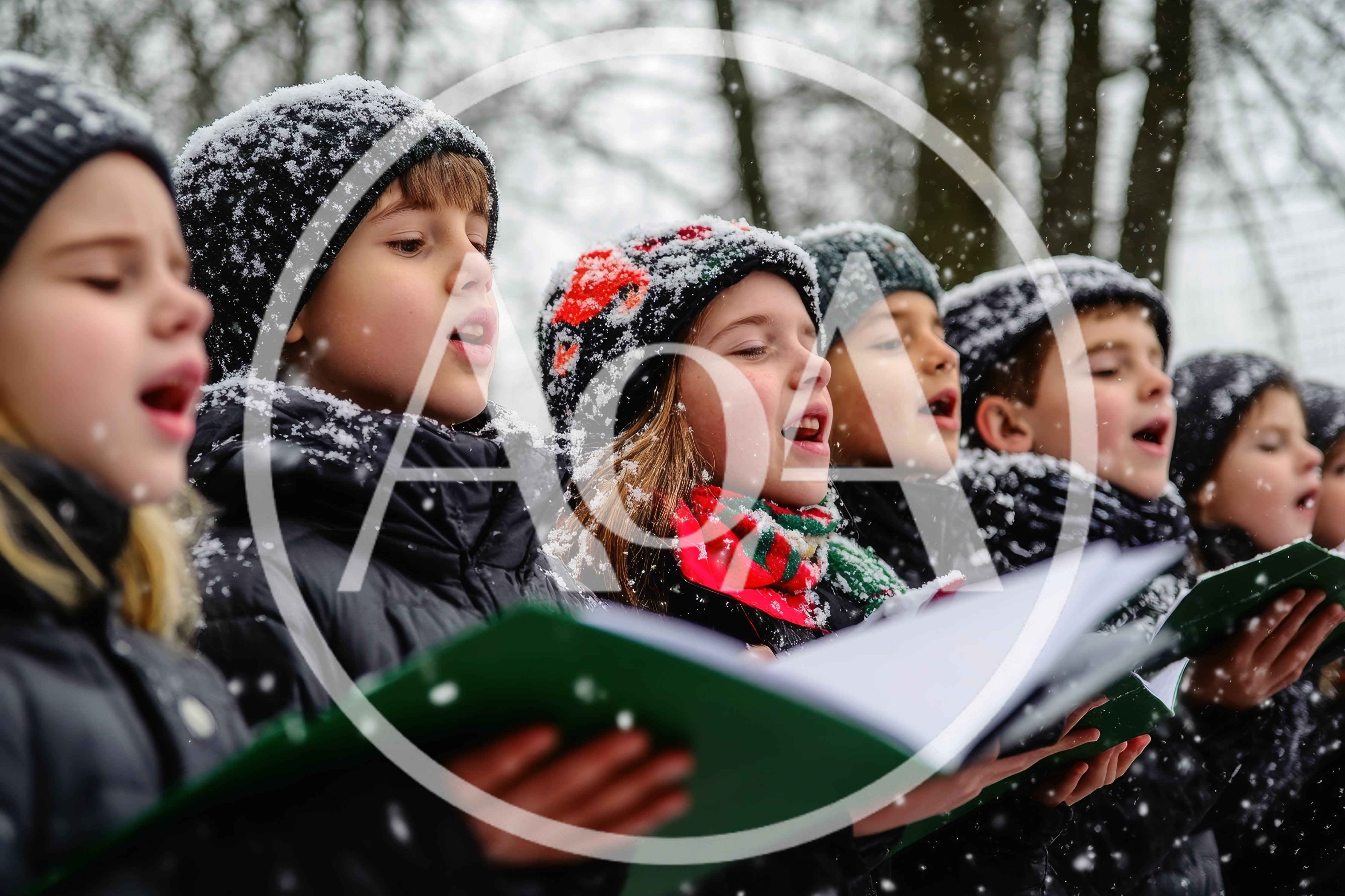 Children Singing Christmas Carols Outdoors In Snow