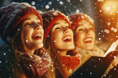 Three Young Women Singing Christmas Carols Outdoors