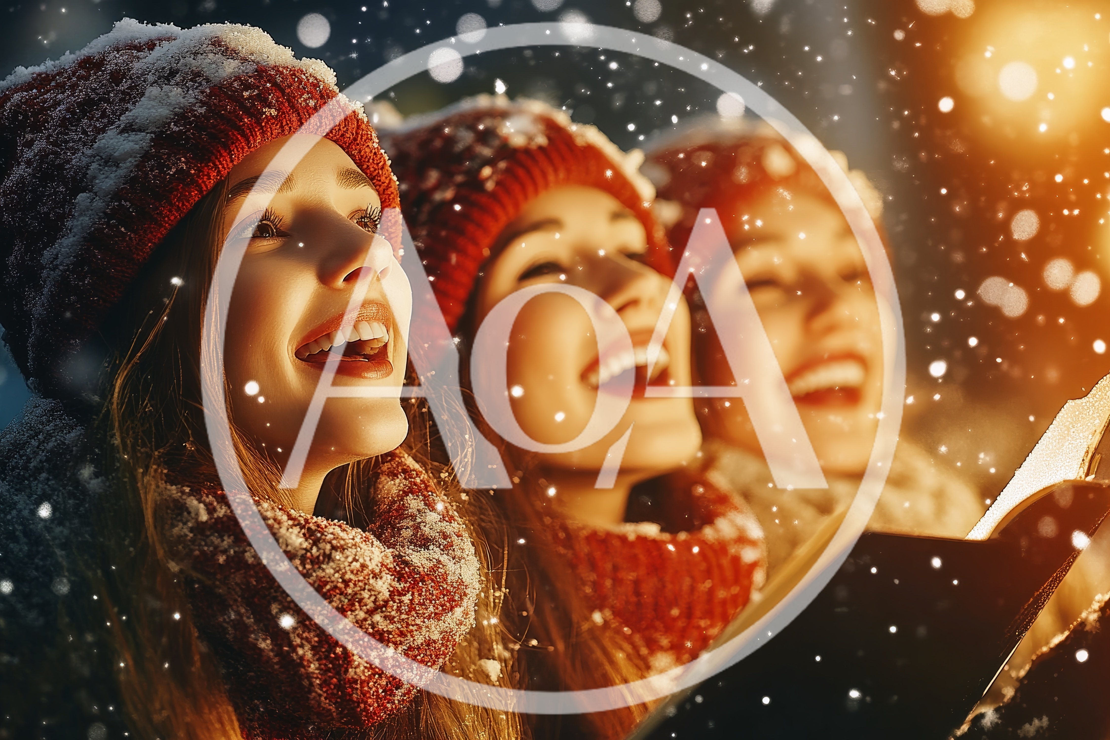 Three Young Women Singing Christmas Carols Outdoors