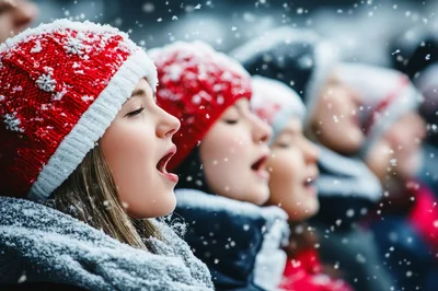 Group Of Young Women Singing Christmas Carols Outdoors