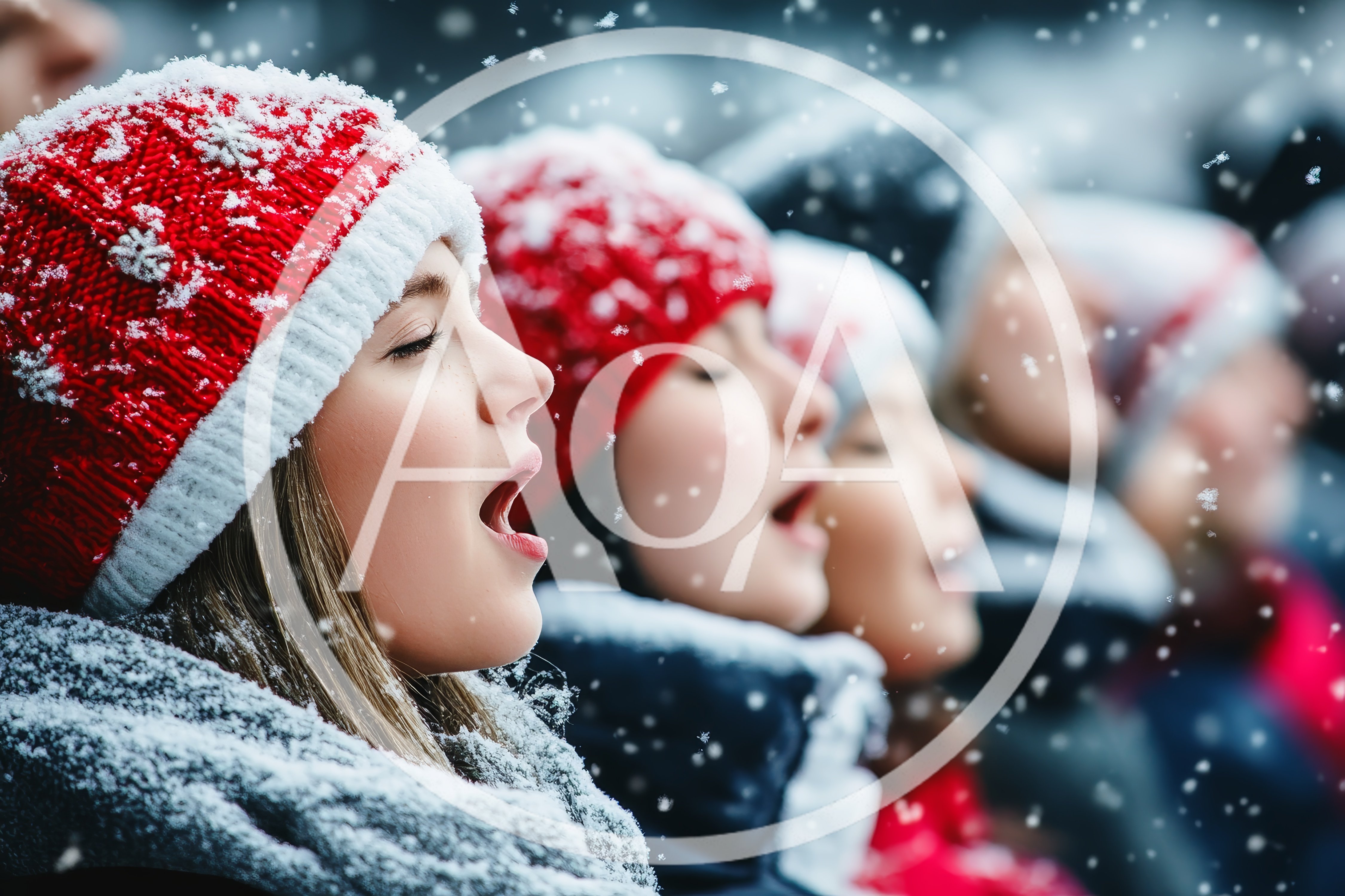 Group Of Young Women Singing Christmas Carols Outdoors