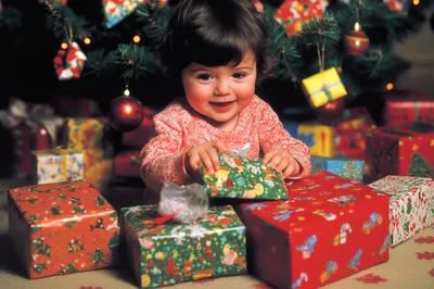 Toddler Opening Christmas Presents Under The Tree