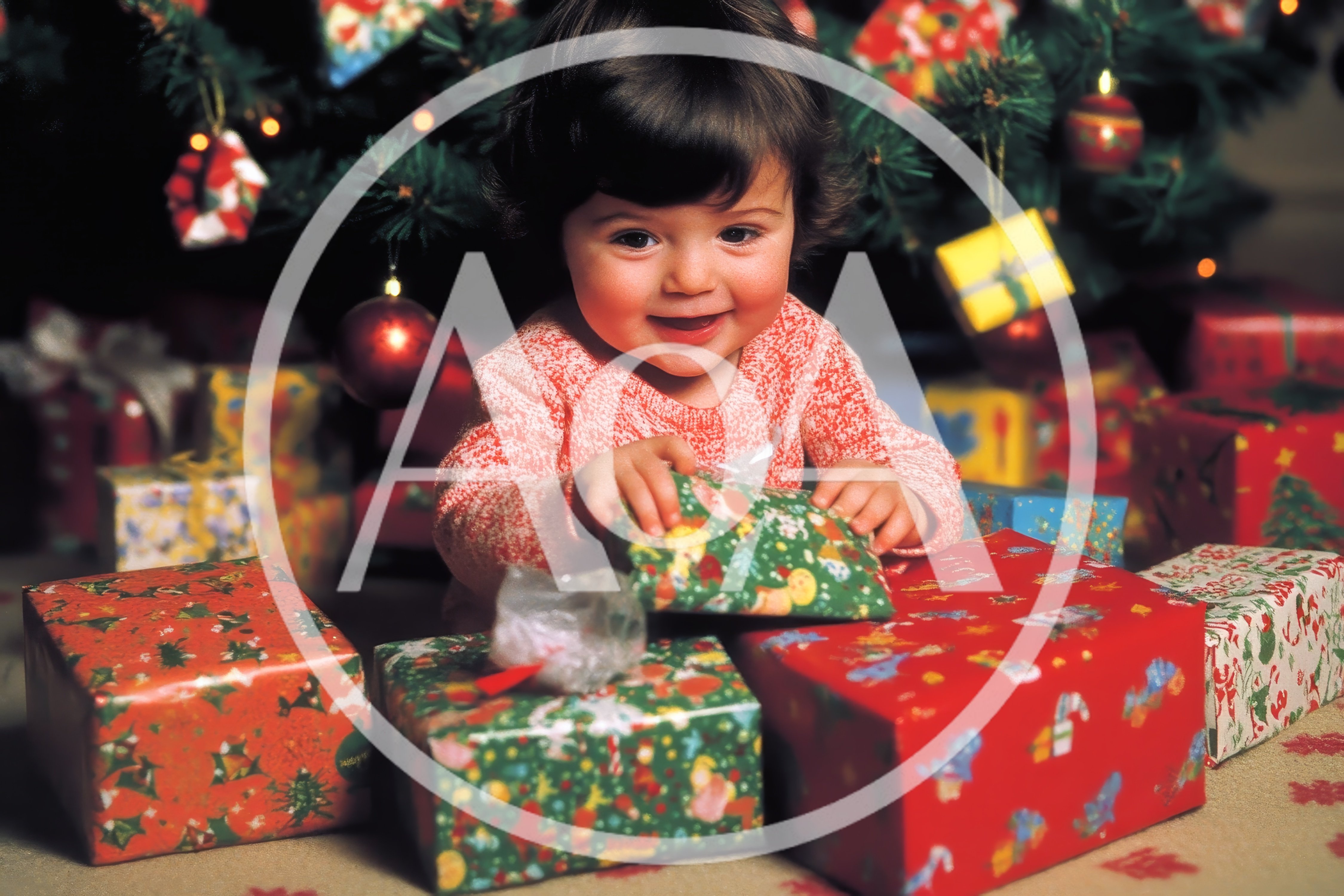 Toddler Opening Christmas Presents Under The Tree