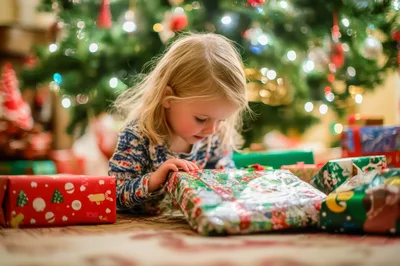 Young Girl Opening Christmas Presents Under Tree