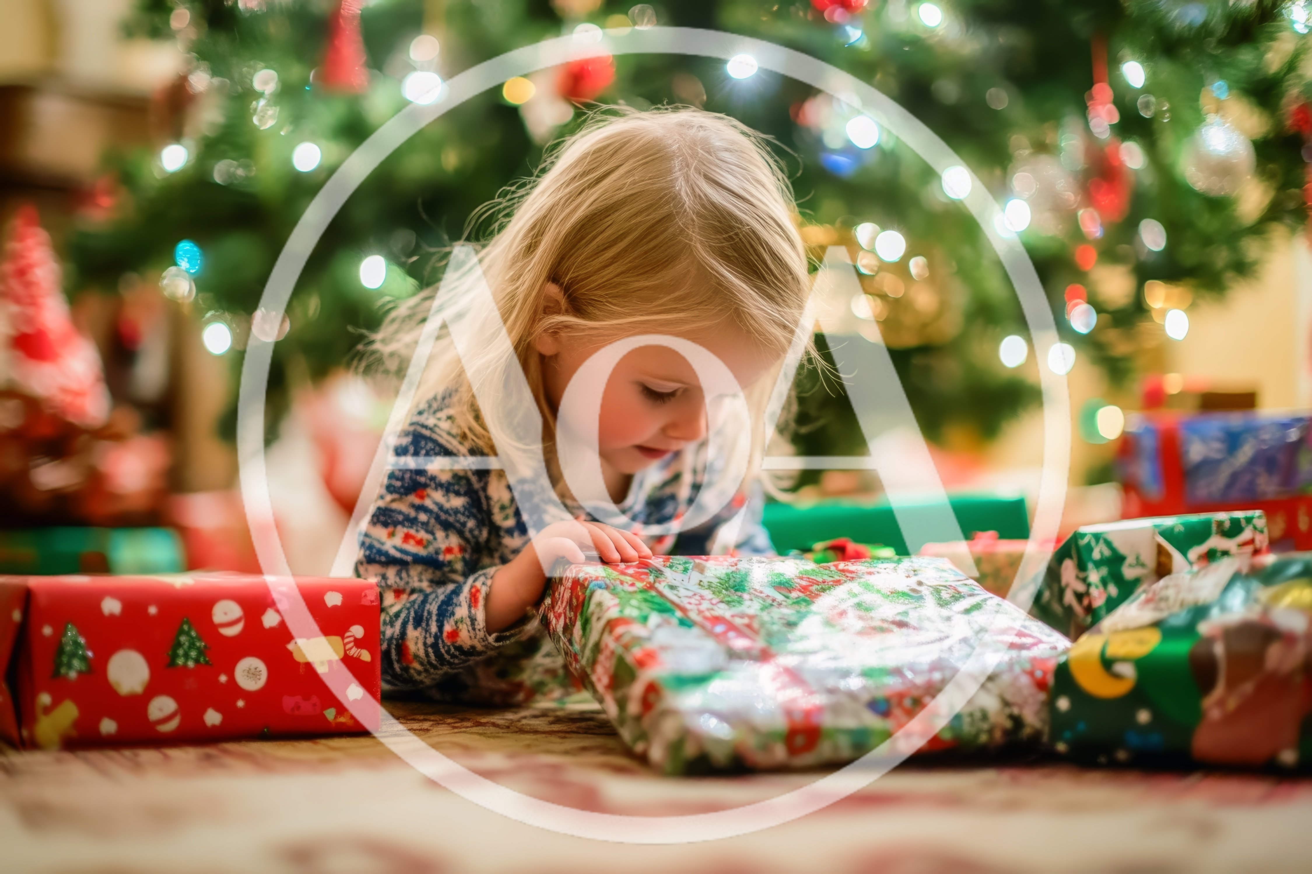 Young Girl Opening Christmas Presents Under Tree