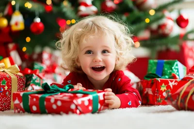 Happy Toddler Opening Christmas Presents Under Tree