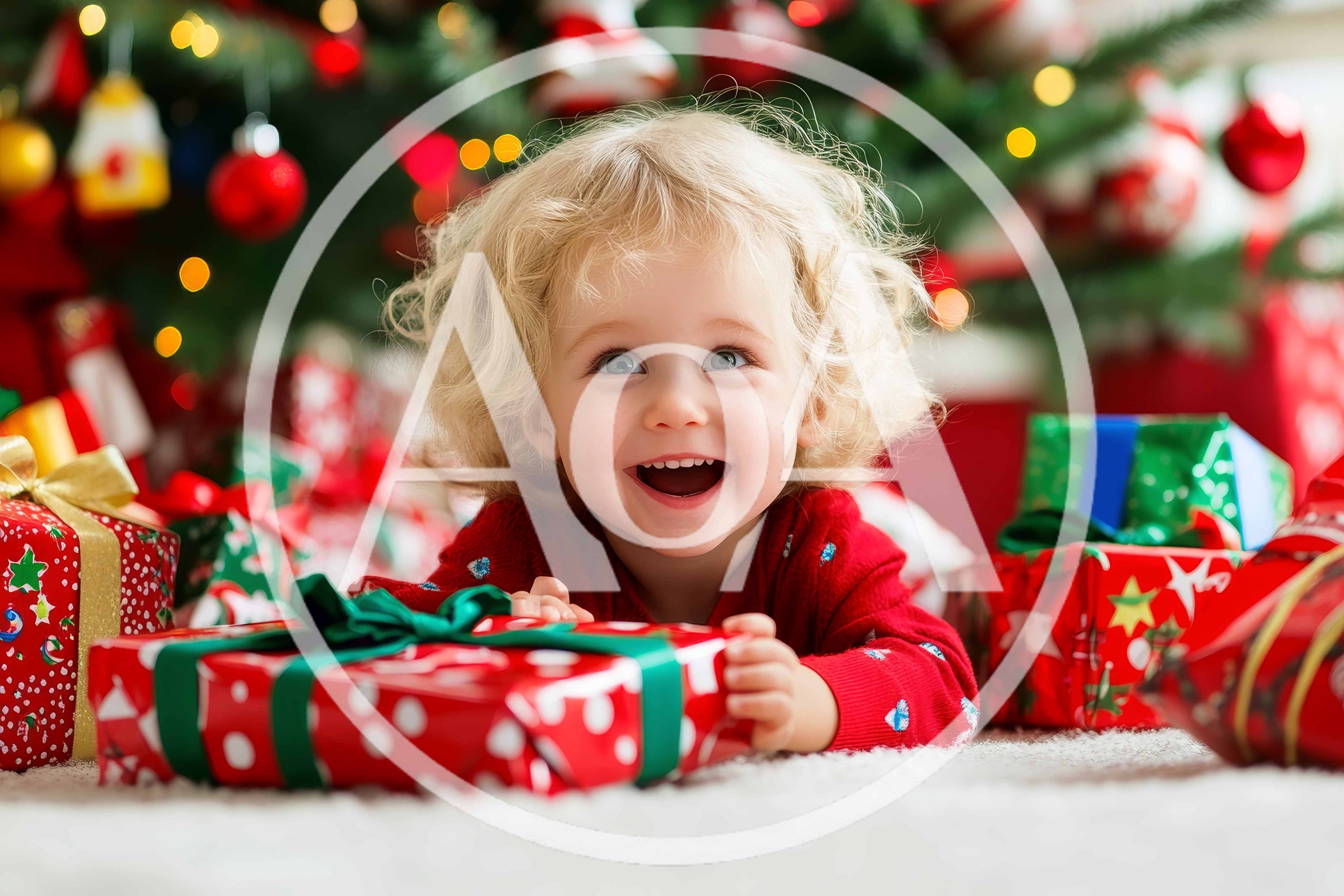 Happy Toddler Opening Christmas Presents Under Tree