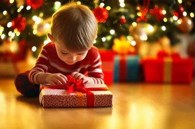Toddler Boy Unwrapping Christmas Gift Under Tree