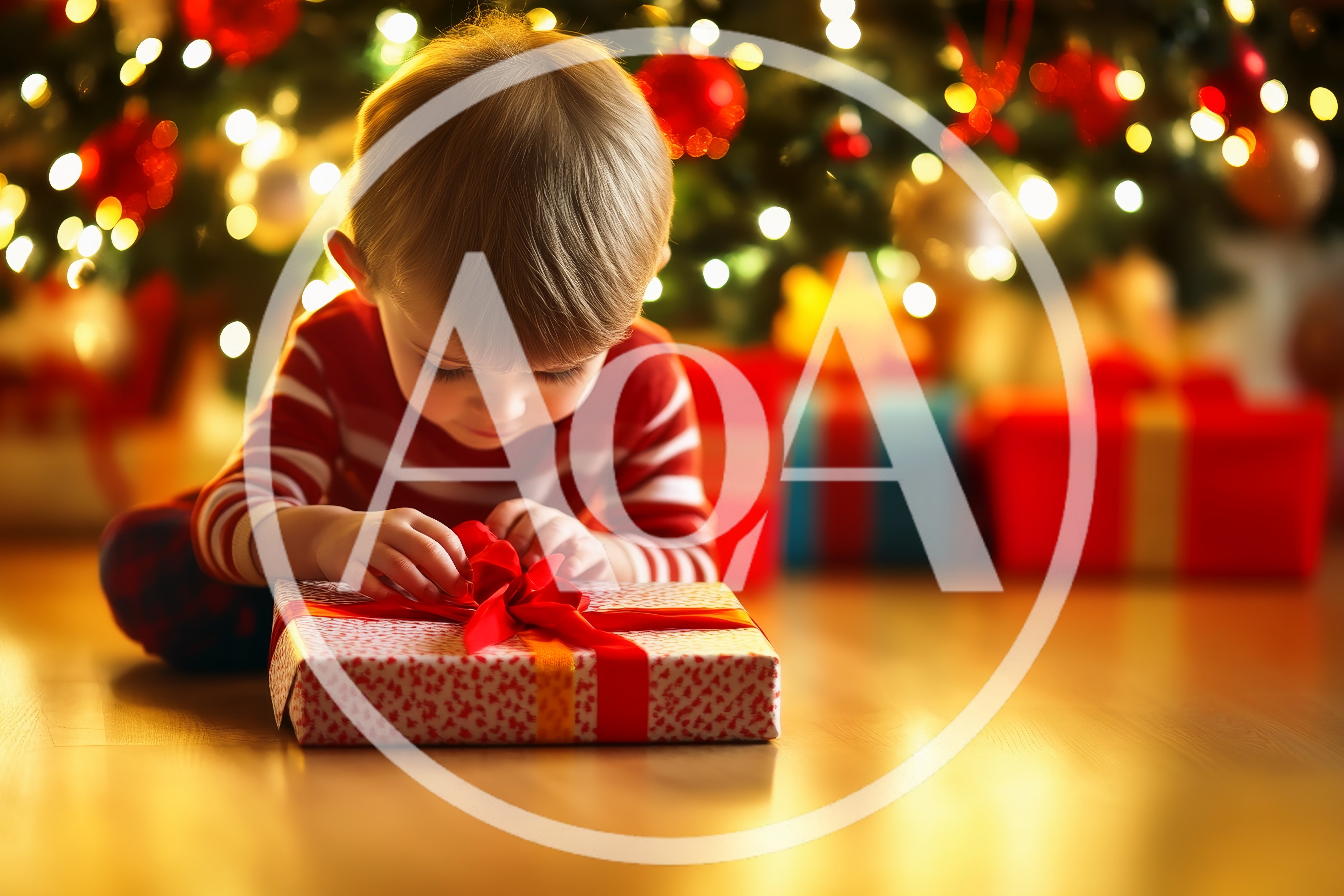Toddler Boy Unwrapping Christmas Gift Under Tree