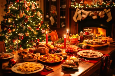 Festive Christmas Dinner Table With Holiday Decorations