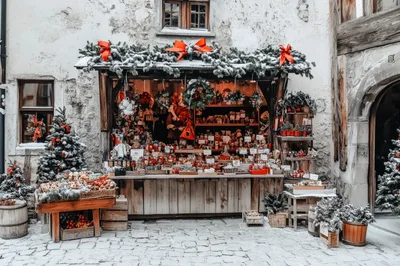 Traditional Christmas Market Stall In Snowy European Town
