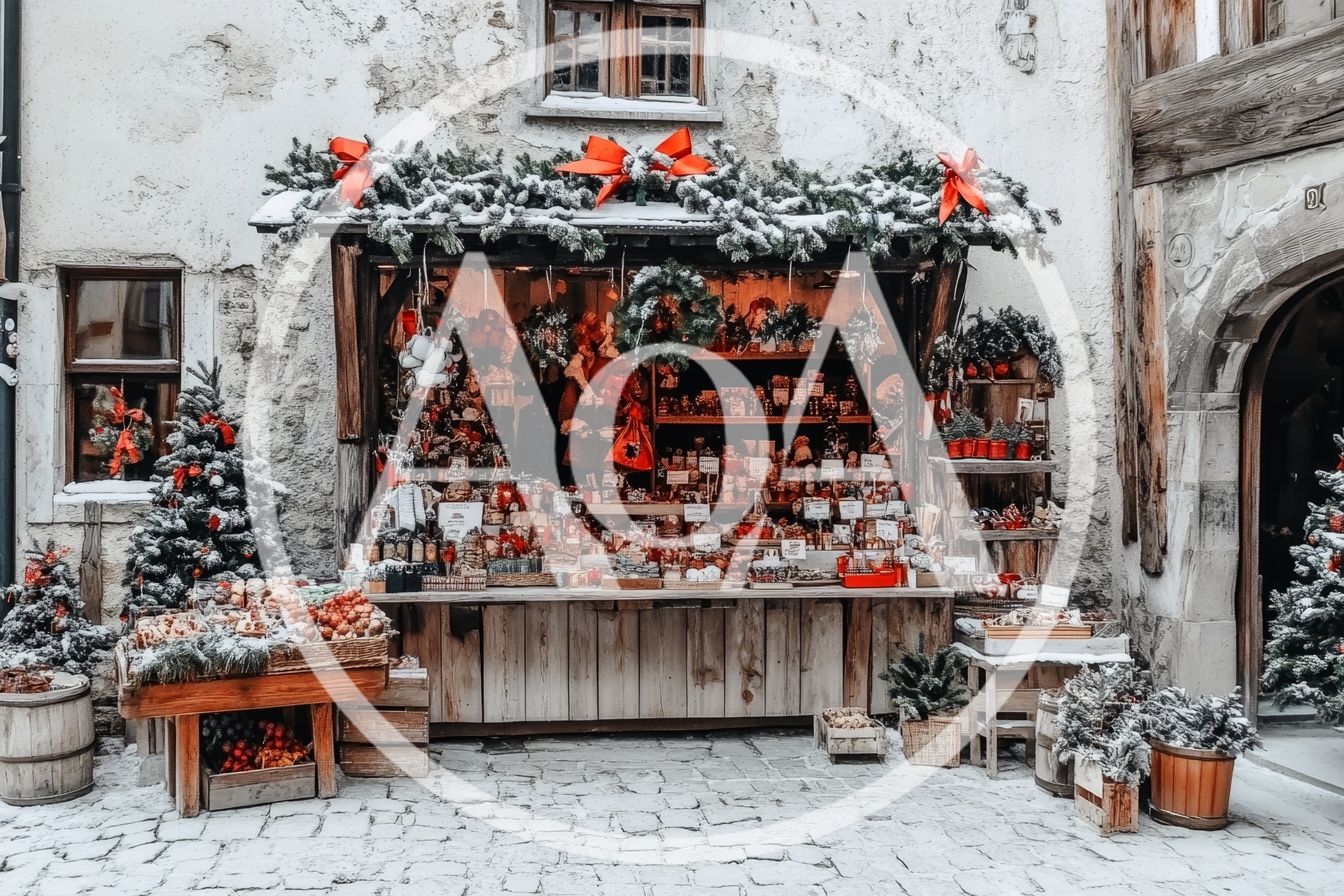 Traditional Christmas Market Stall In Snowy European Town