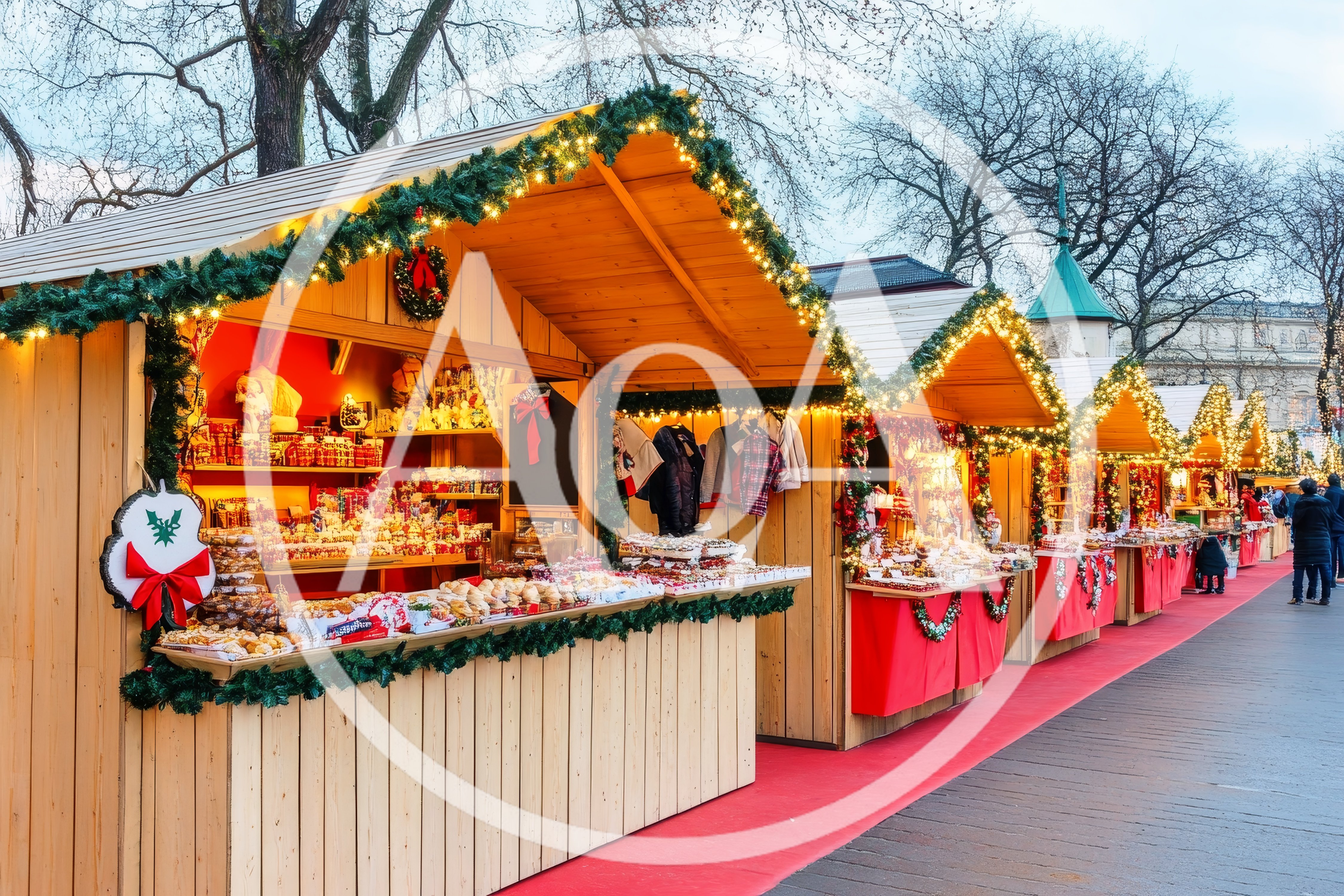 Festive Wooden Christmas Market Stalls Decorated With Lights