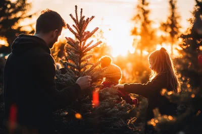 Family Choosing A Christmas Tree At Sunset