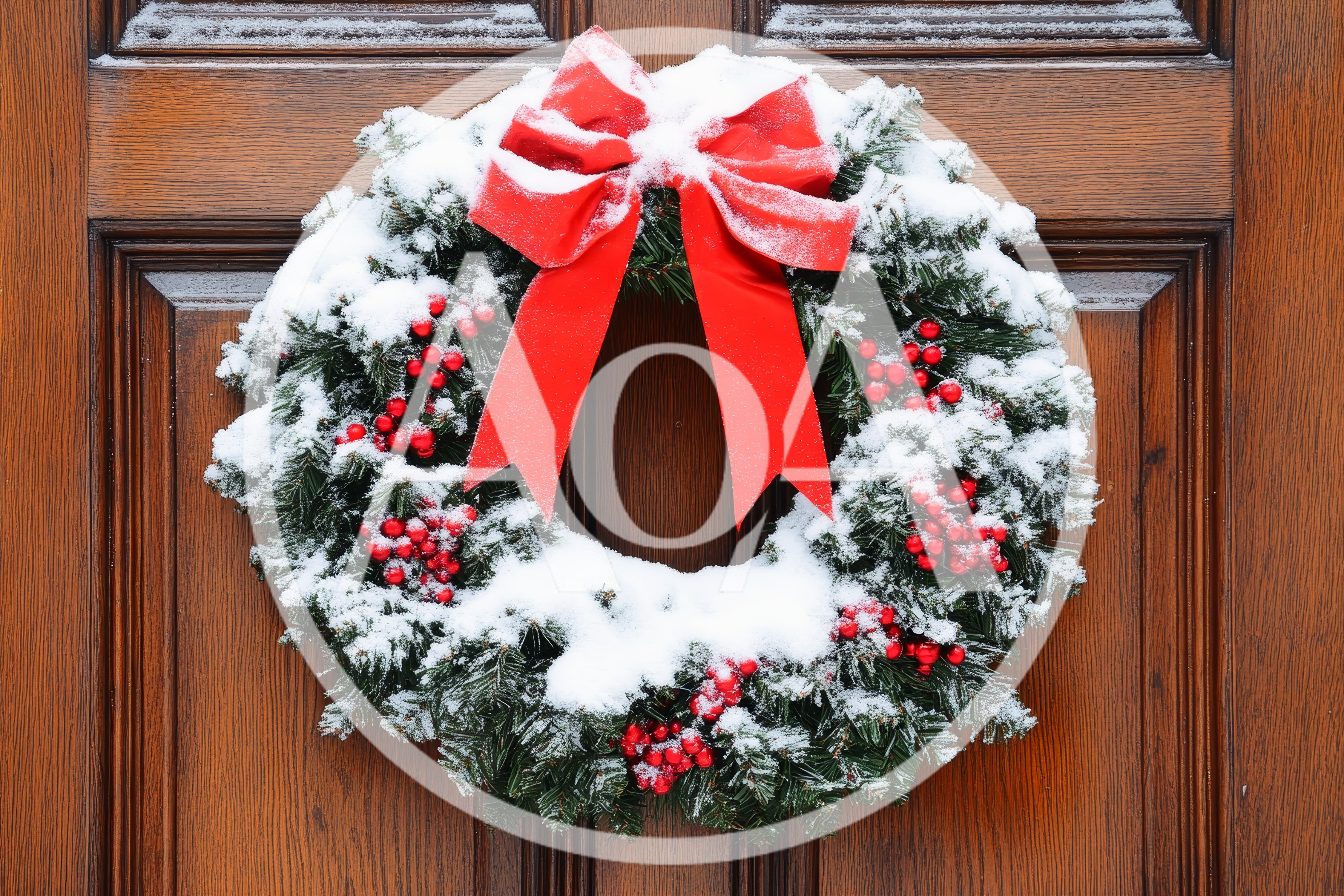 Snow Covered Christmas Wreath On Wooden Door