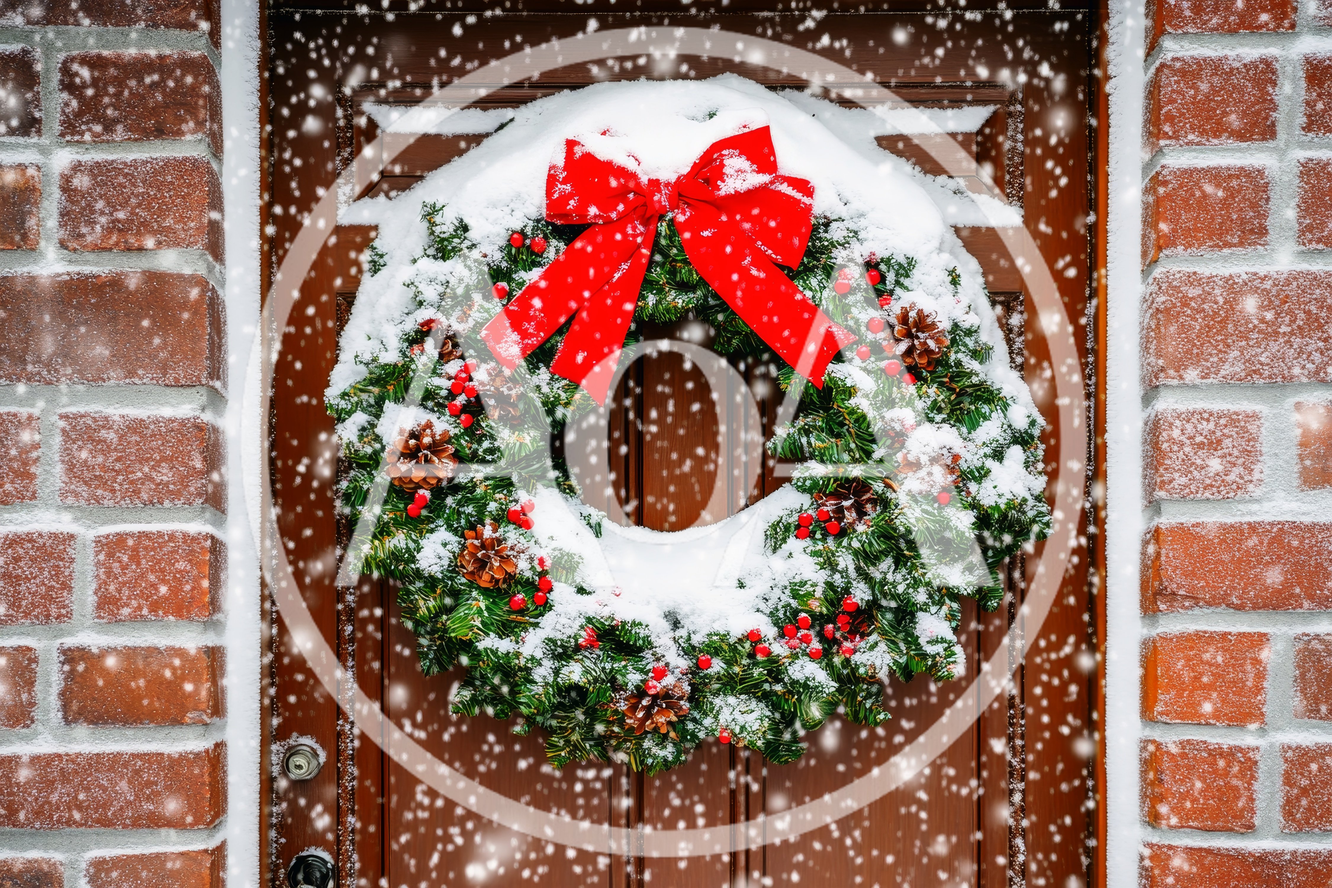 Snow Covered Christmas Wreath On A Wooden Door