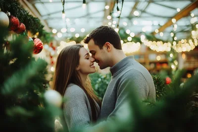 Young Couple Sharing A Romantic Moment In Christmas Tree Lot