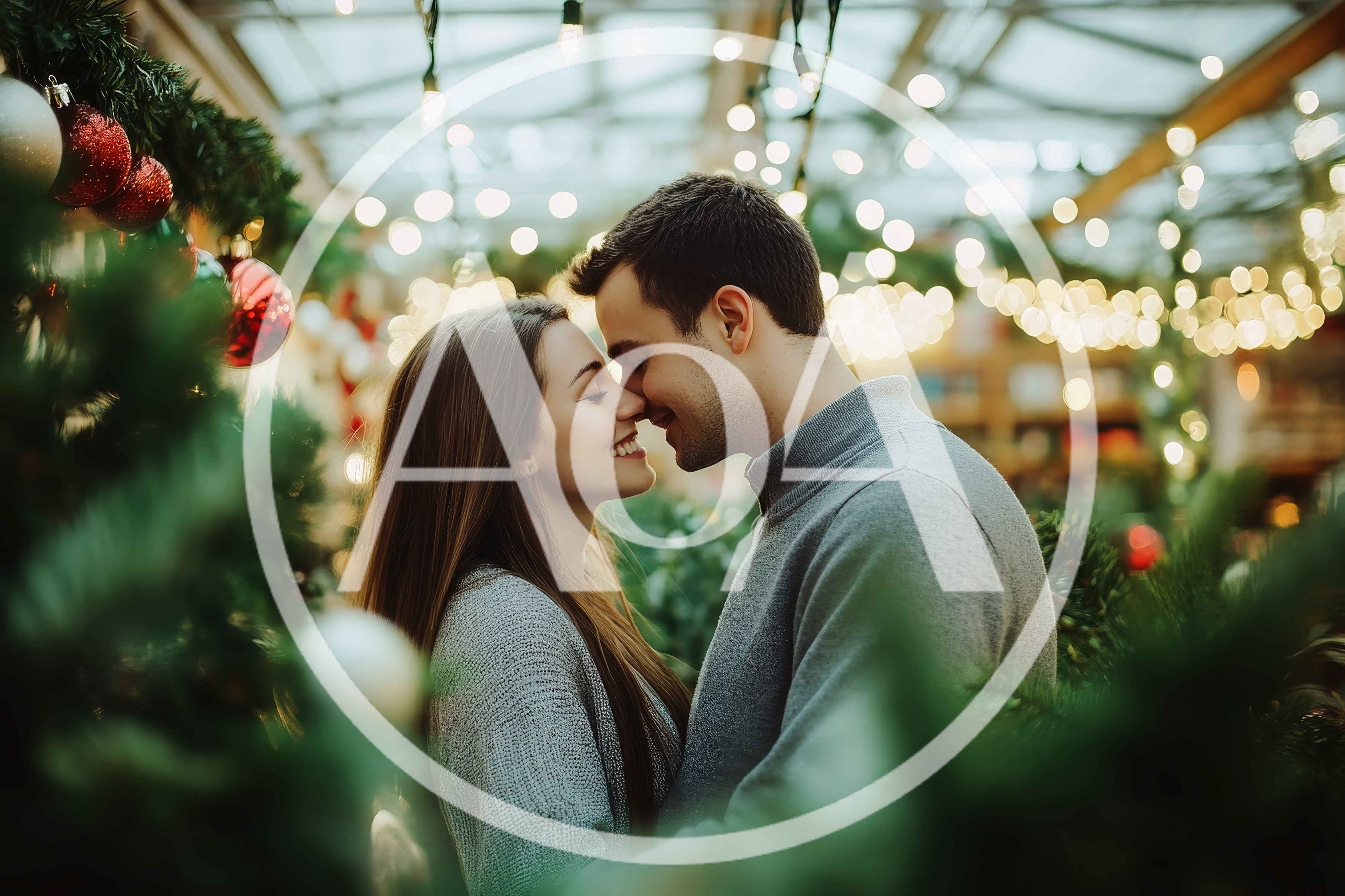 Young Couple Sharing A Romantic Moment In Christmas Tree Lot