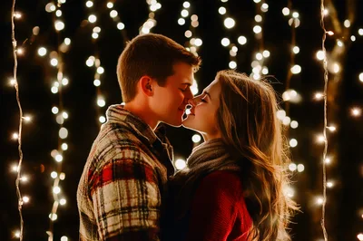 Young Couple Sharing A Romantic Moment Under Fairy Lights
