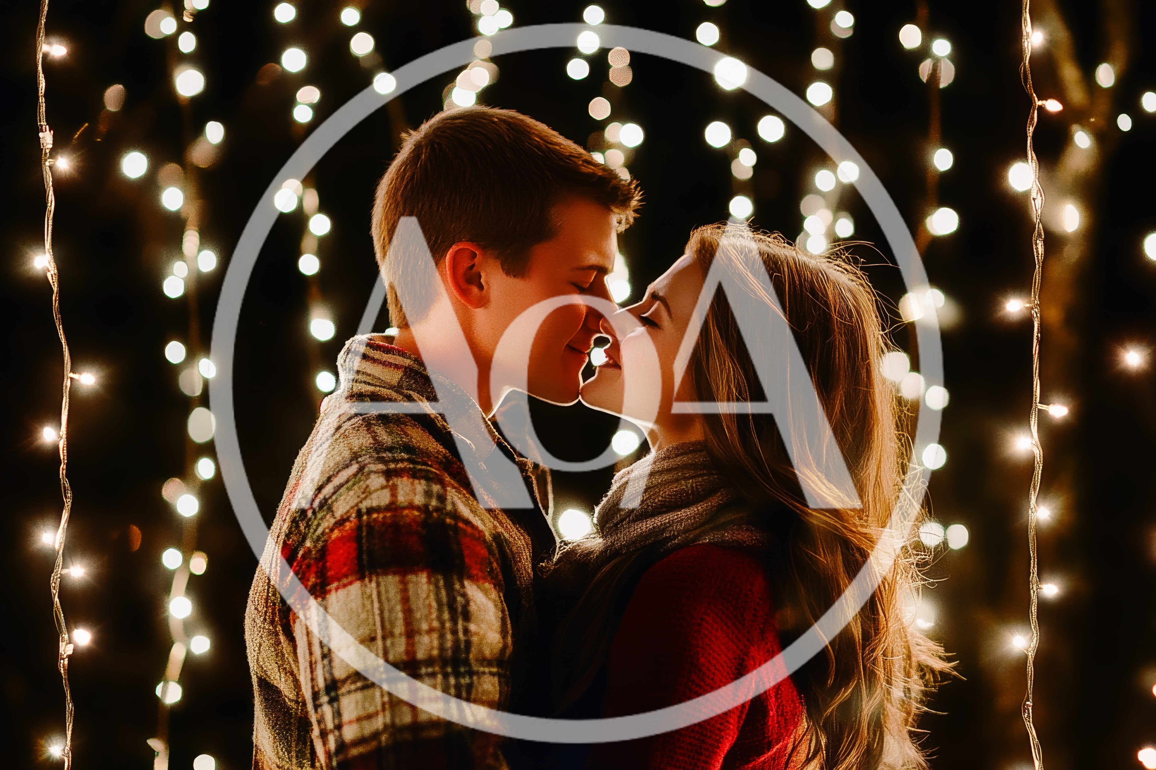 Young Couple Sharing A Romantic Moment Under Fairy Lights