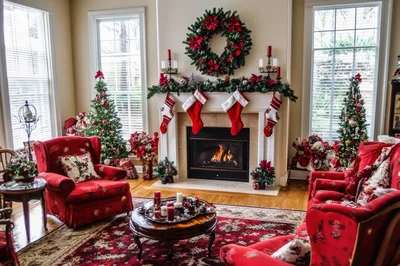 Cozy Living Room Decorated For Christmas Holidays