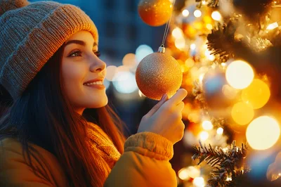 Young Woman Decorating Christmas Tree With Golden Ornament