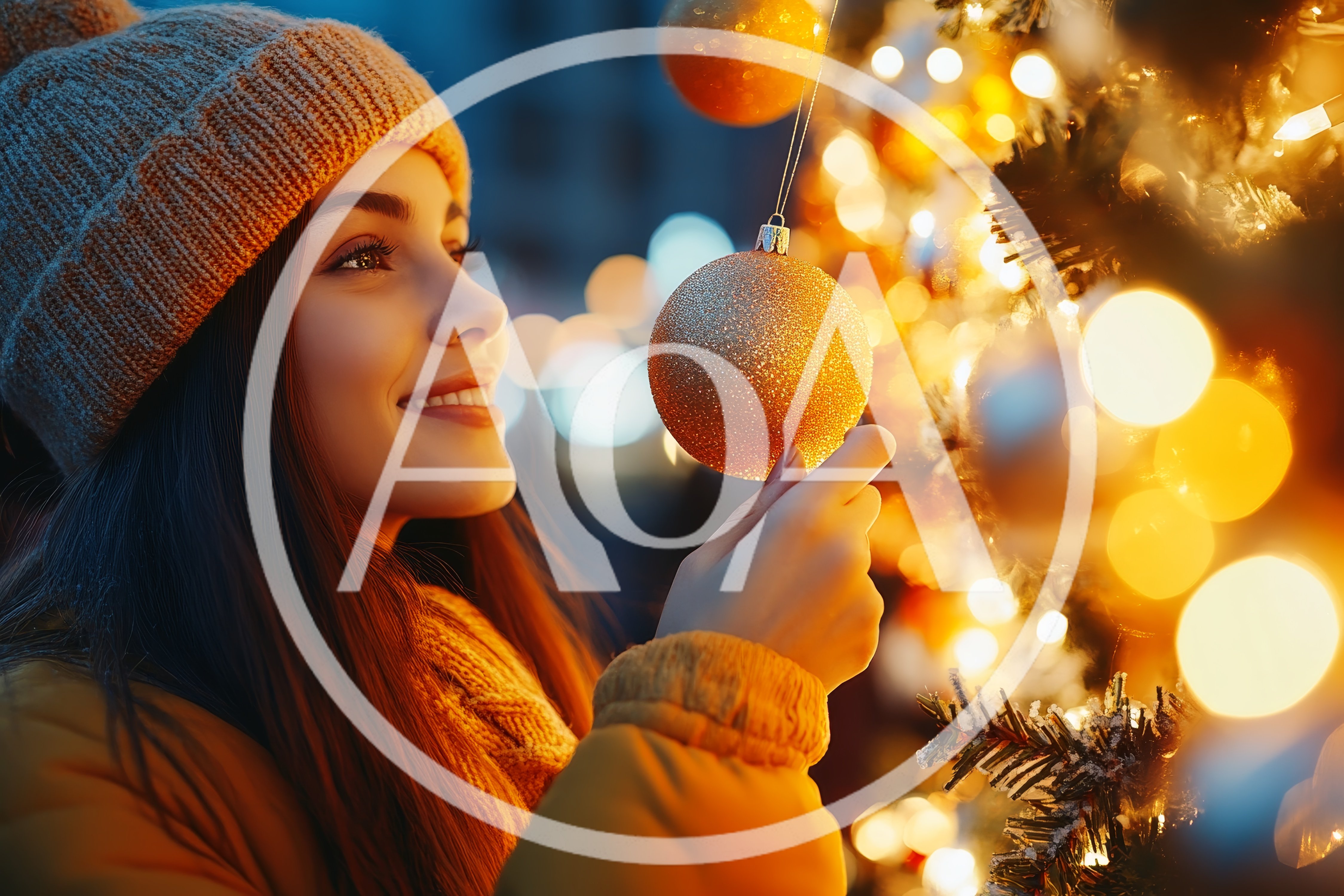 Young Woman Decorating Christmas Tree With Golden Ornament