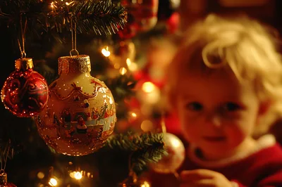 Toddler Decorating Christmas Tree With Ornaments