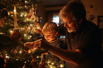 Grandfather and Grandson Decorating Christmas Tree Together
