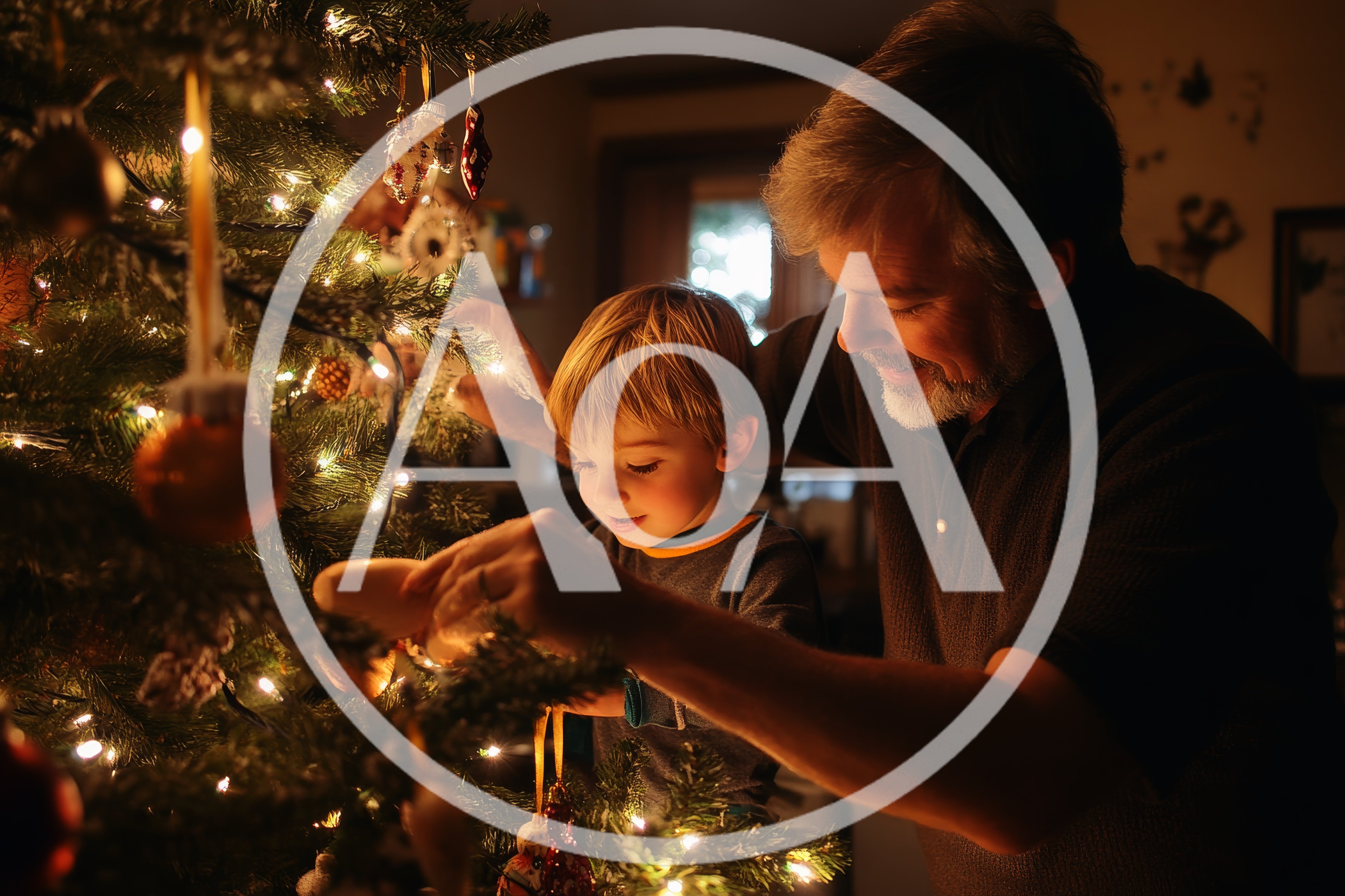 Grandfather and Grandson Decorating Christmas Tree Together