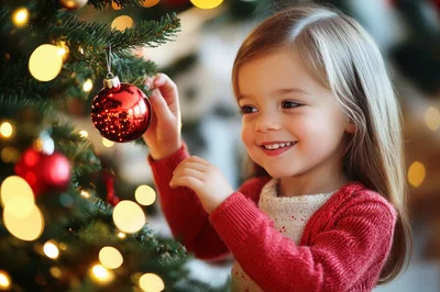 Little Girl Decorating Christmas Tree With Red Ornament