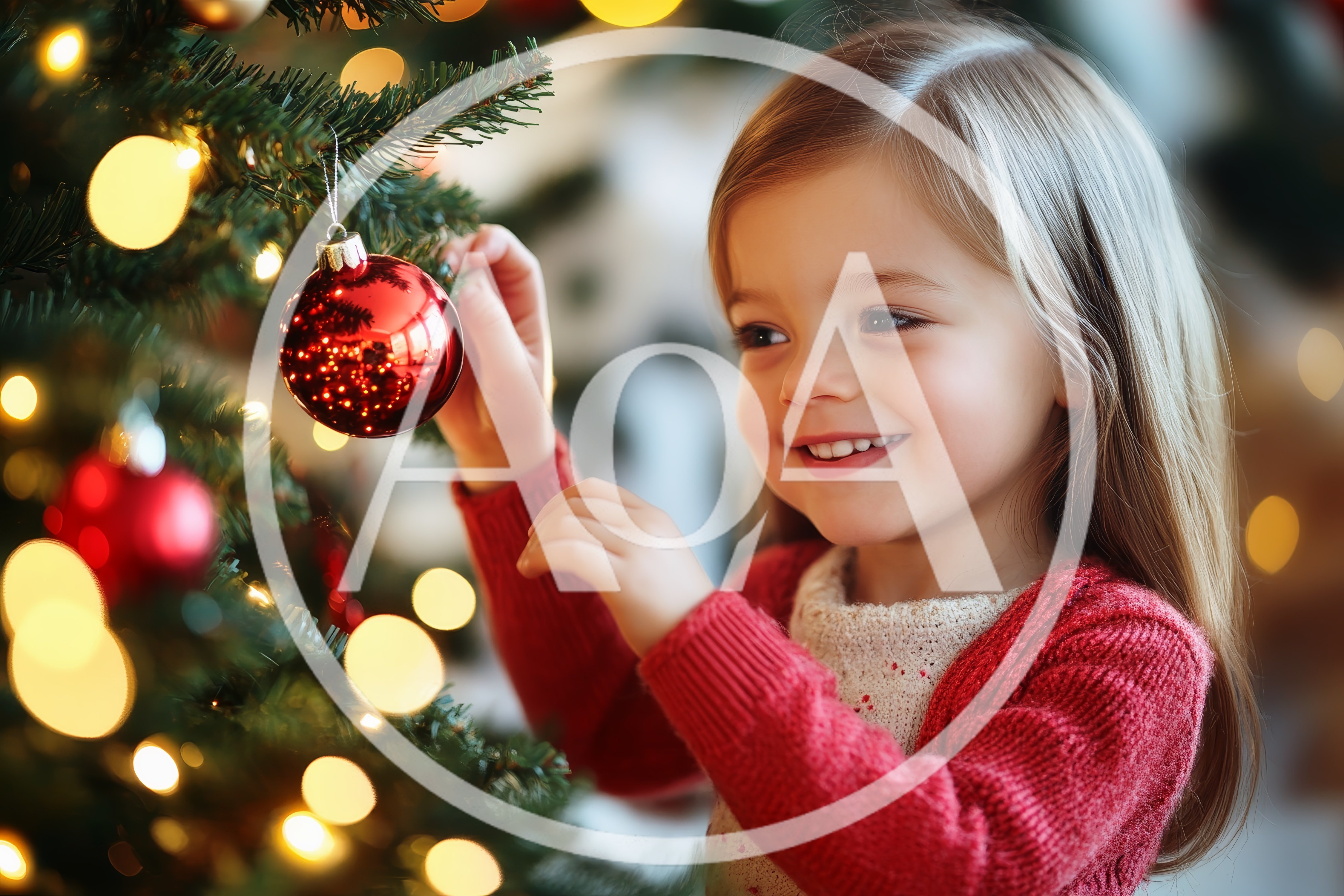 Little Girl Decorating Christmas Tree With Red Ornament