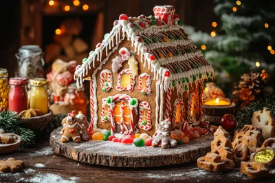 Festive Gingerbread House Display On Wooden Platter