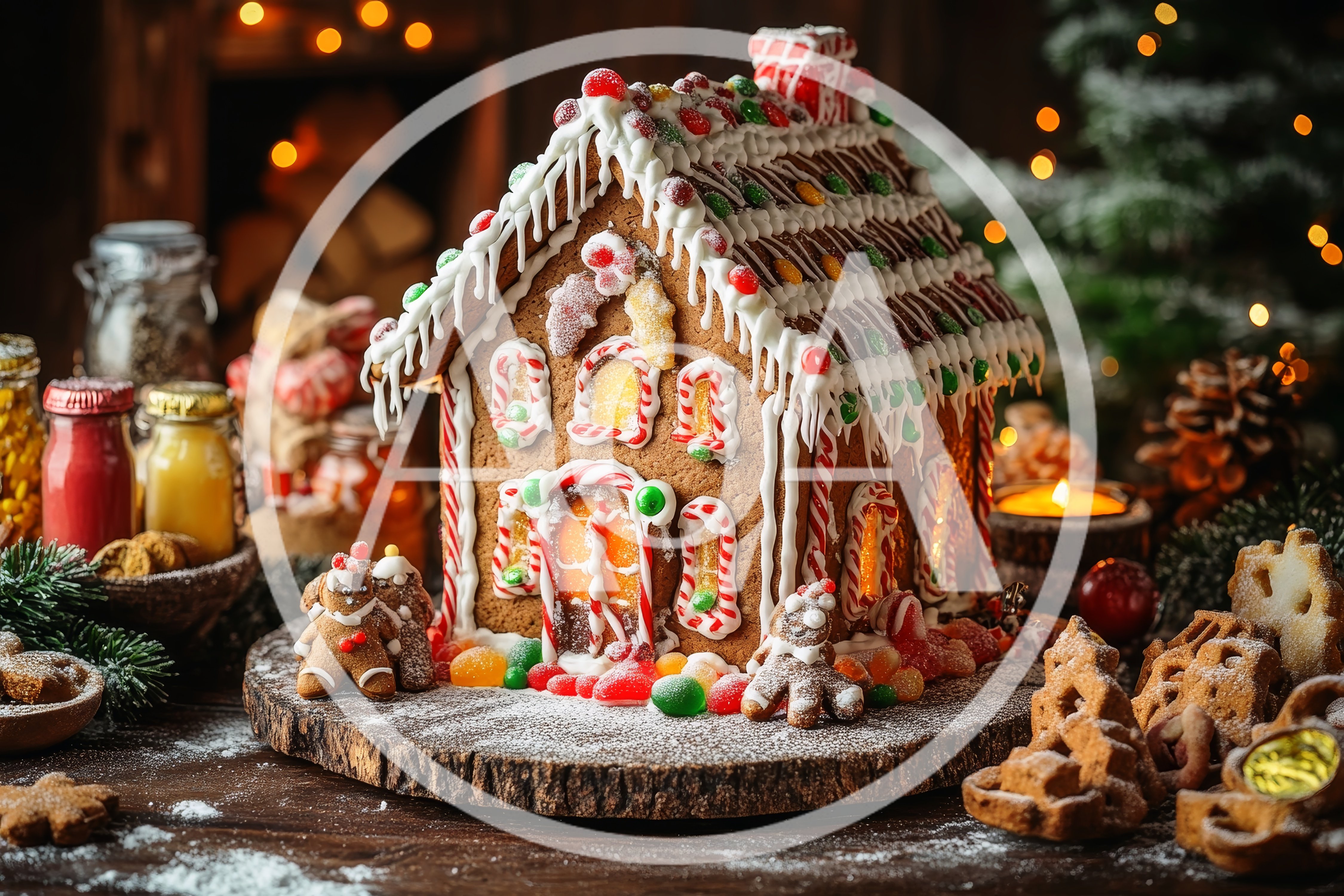 Festive Gingerbread House Display On Wooden Platter