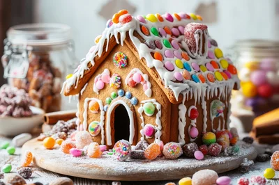 Festive Gingerbread House Decorated With Colorful Candy