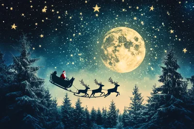Santa Claus Flying Sleigh Over Snowy Forest