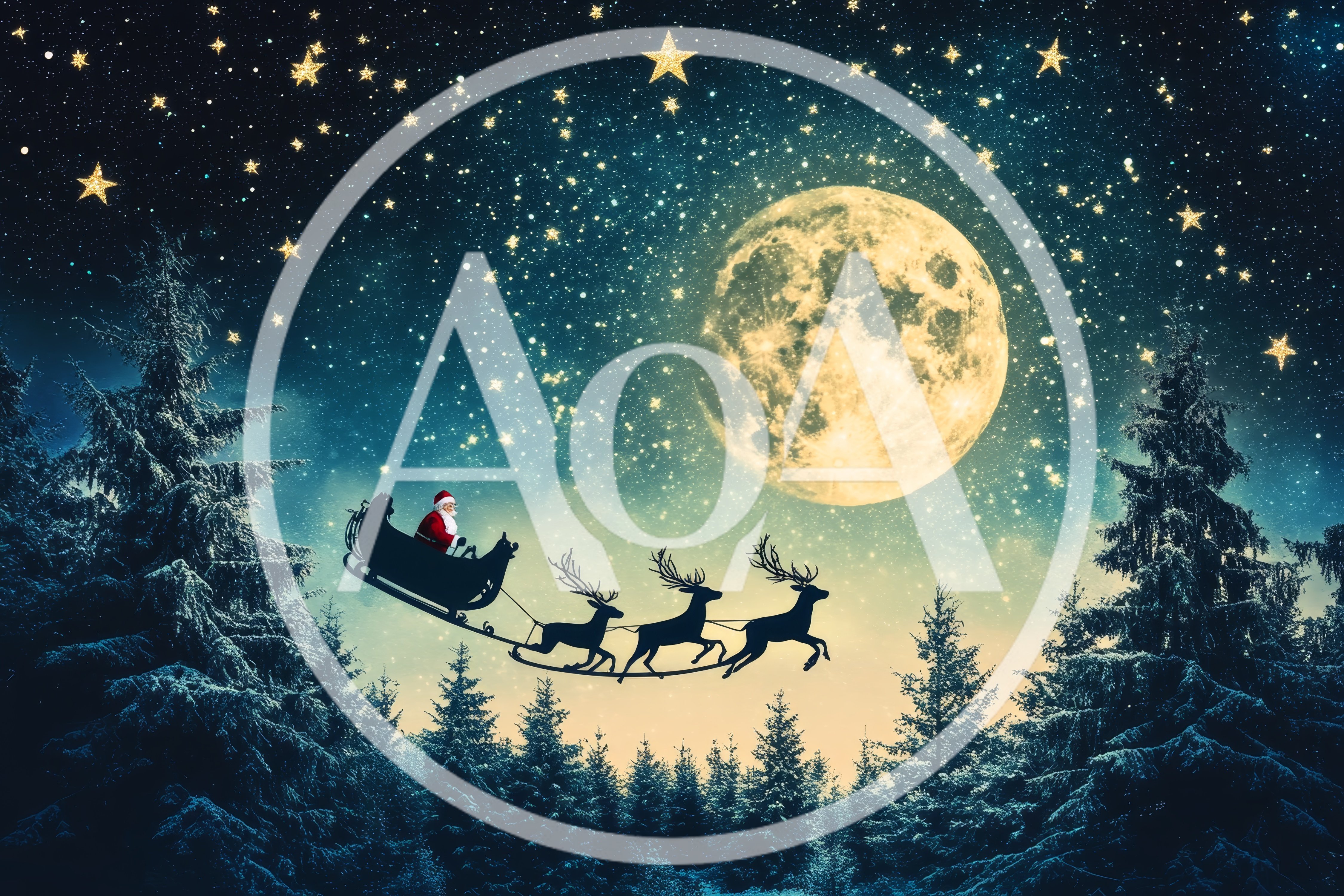 Santa Claus Flying Sleigh Over Snowy Forest