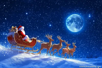Santa Claus Flying In Sleigh With Reindeer At Night