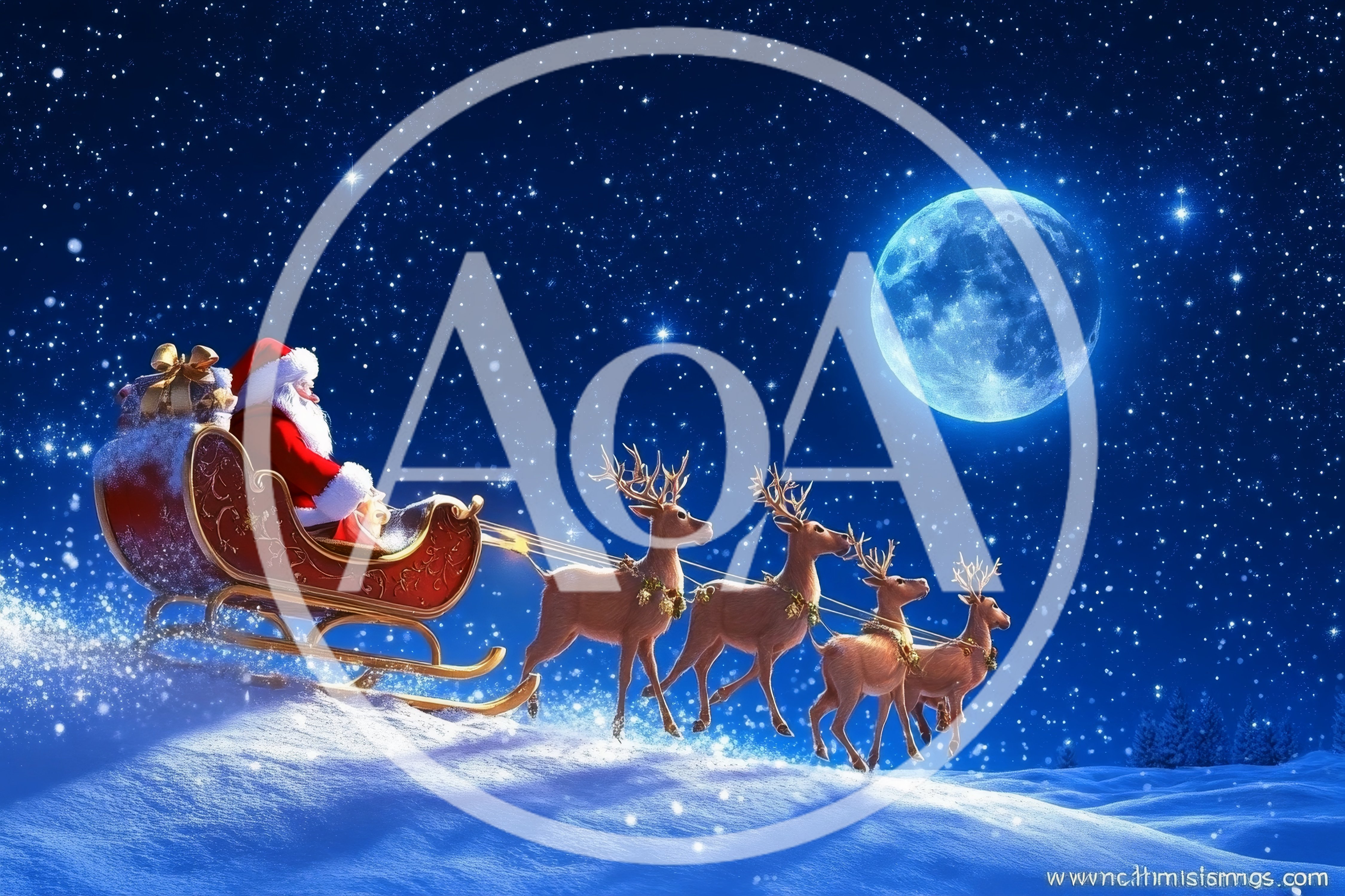 Santa Claus Flying In Sleigh With Reindeer At Night