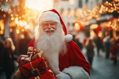 Santa Claus Carrying Christmas Gifts In A Festive Market