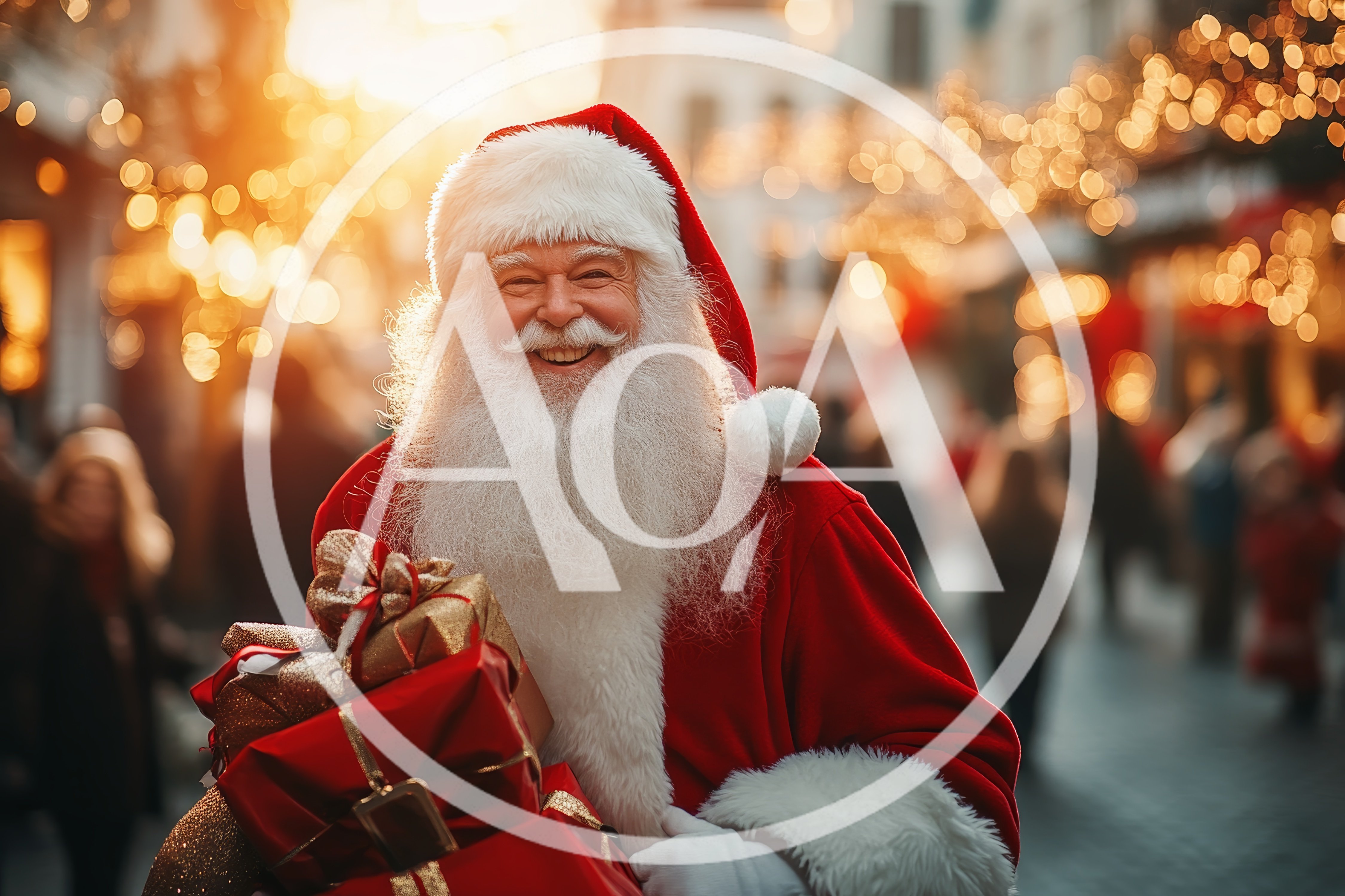 Santa Claus Carrying Christmas Gifts In A Festive Market