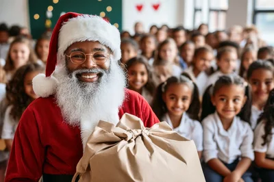 African American Santa Claus Holding Gift Bag For Children
