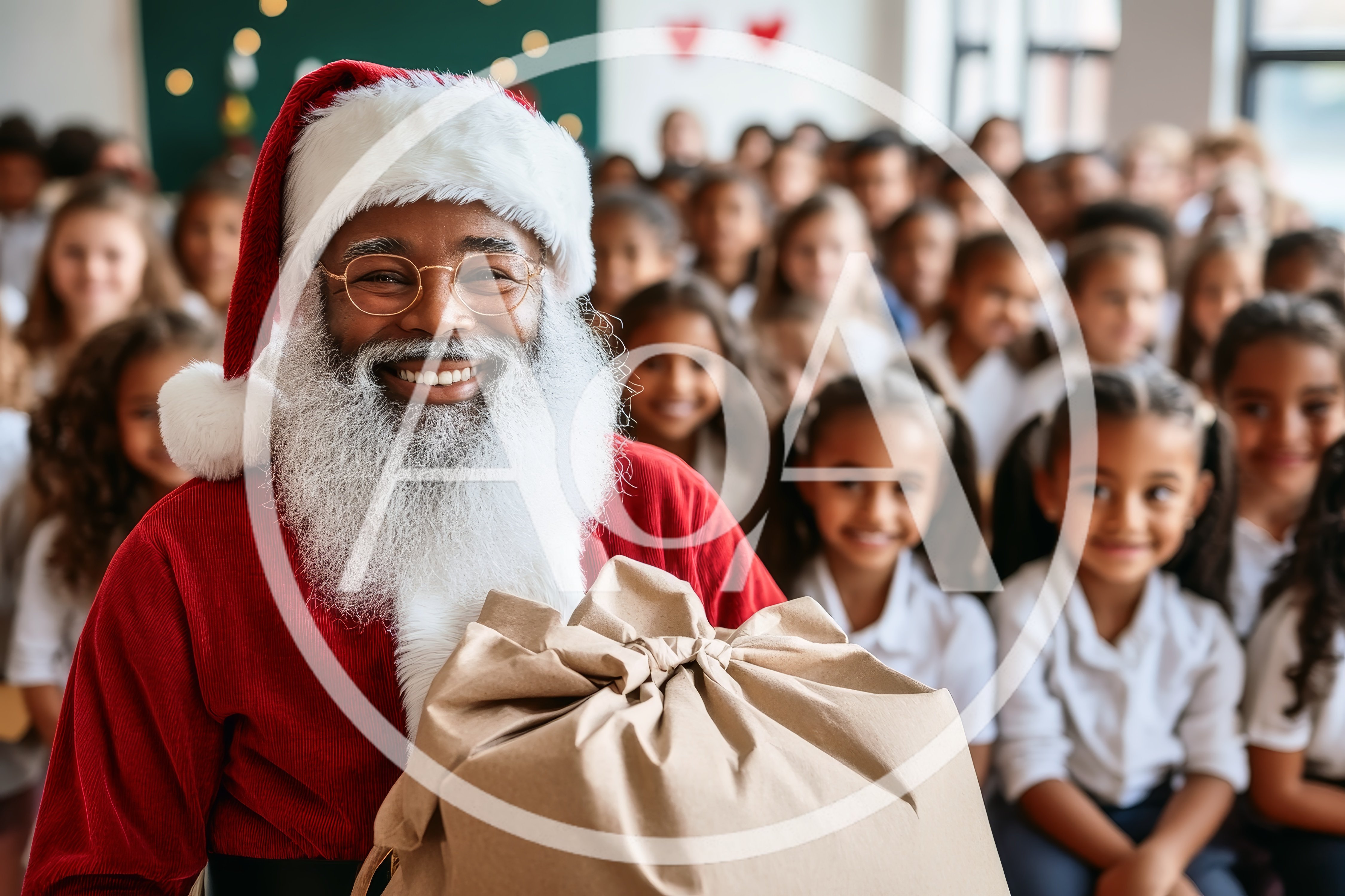 African American Santa Claus Holding Gift Bag For Children