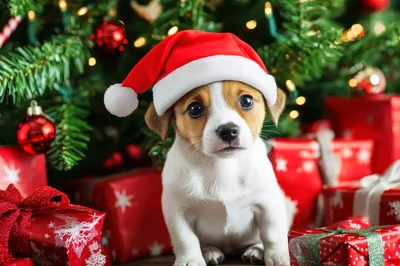 Adorable Jack Russell Puppy Wearing Santa Hat