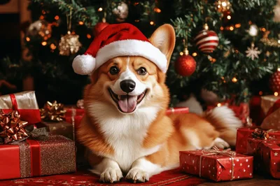 Happy Corgi Wearing Santa Hat Under Christmas Tree