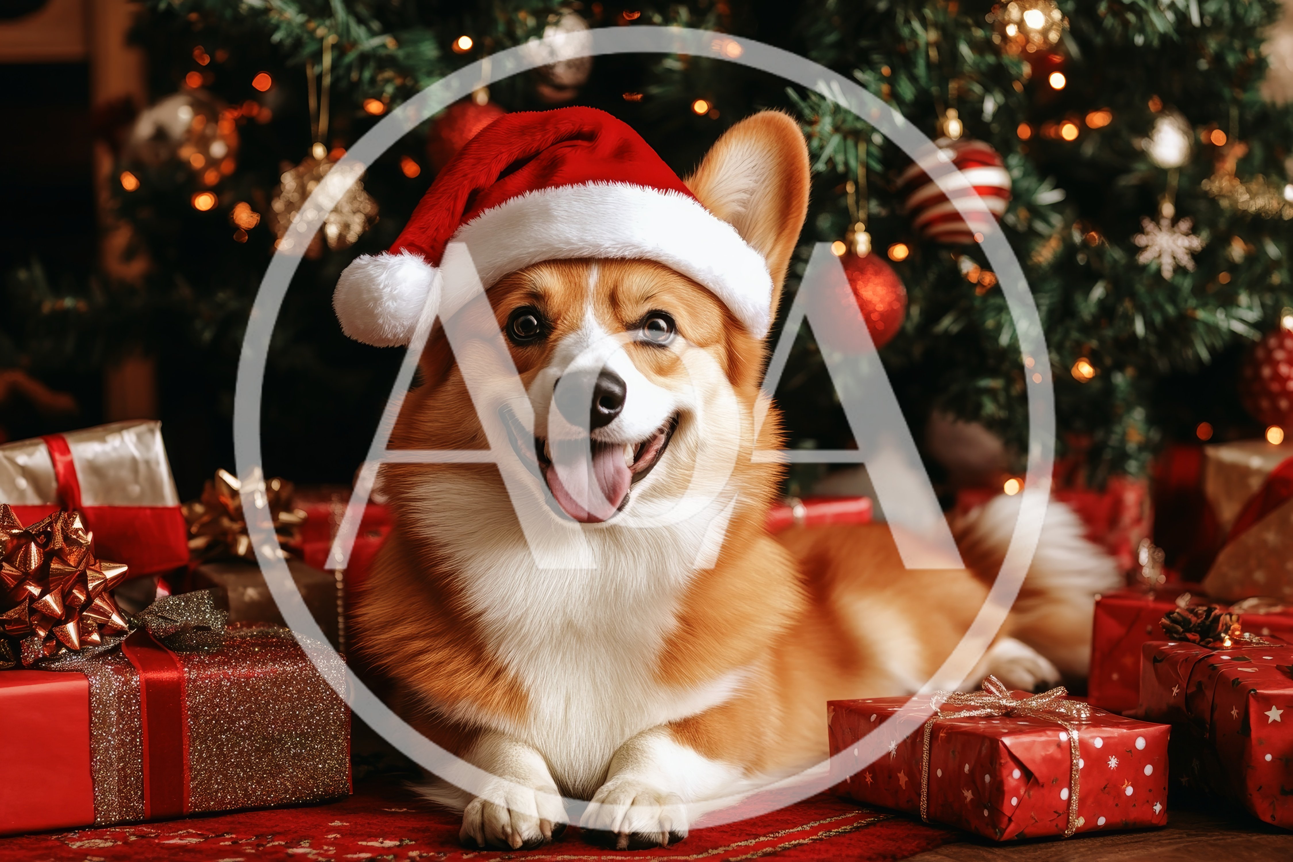 Happy Corgi Wearing Santa Hat Under Christmas Tree